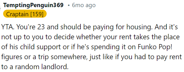 It's not OP's place to determine how his rent compares to his father's child support payments or how he spends his money.