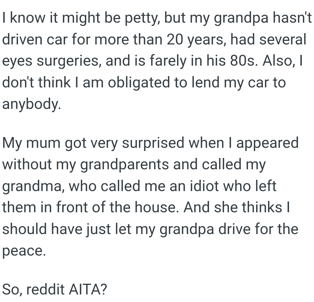 The OP doesn't think she's obligated to lend her car to anybody