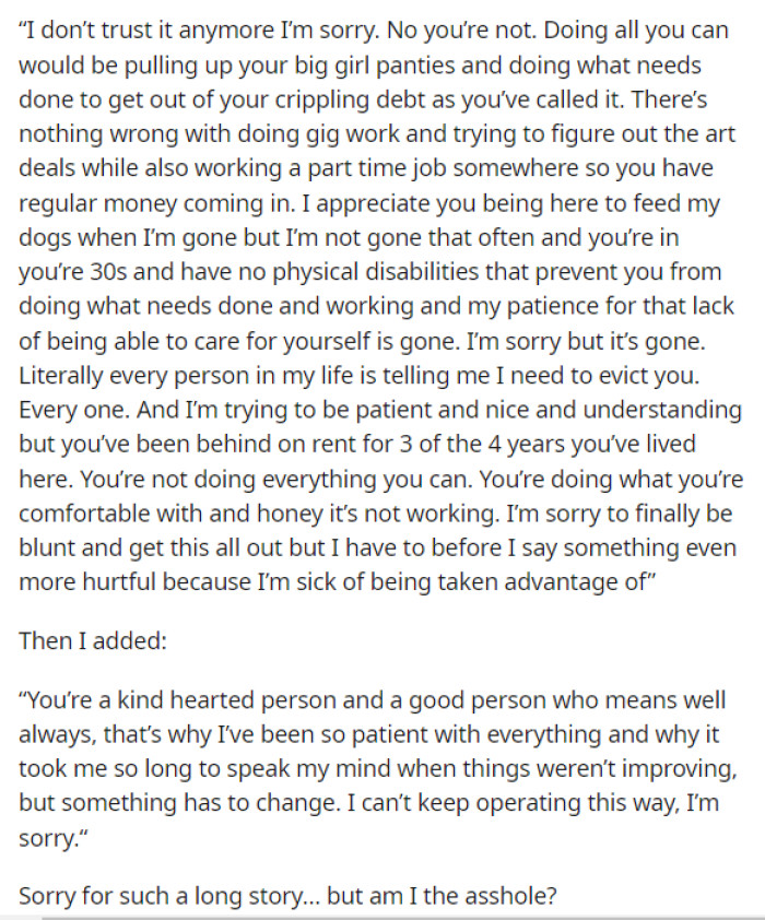 This is where she includes the text message that she sent her roommate and asks if she's wrong for her text message.