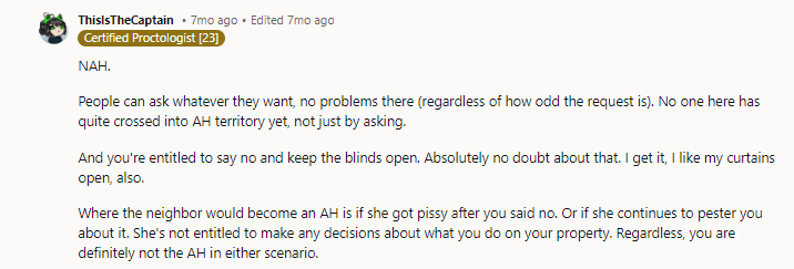 Where the neighbor would become an AH is if she got upset after you said no.