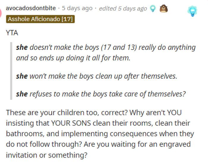 People were somewhat conflicted in the comments, but the first vote was for YTA, and they provided an explanation for their stance.