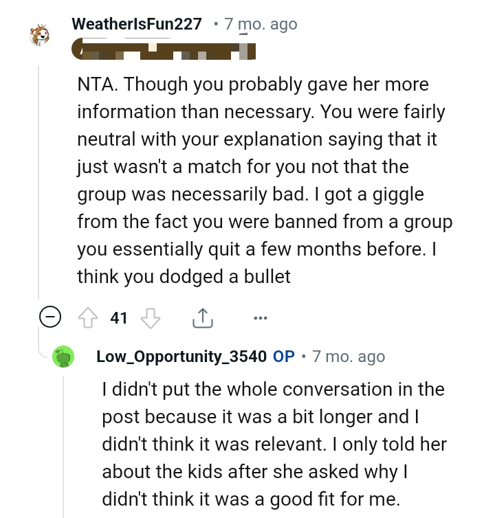 The OP was banned from a group she quit from