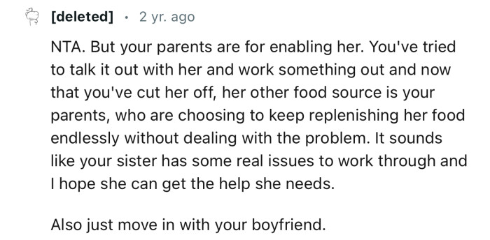 “NTA. But your parents are for enabling her.”