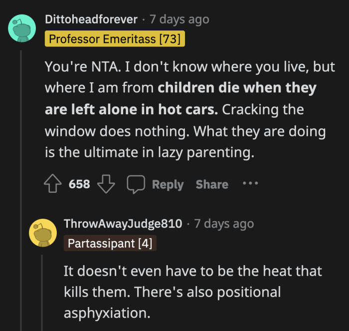 OP's sister and her husband must have had easy lives because they are too damn comfortable leaving a sleeping toddler in a car without any consideration about the dangers of it