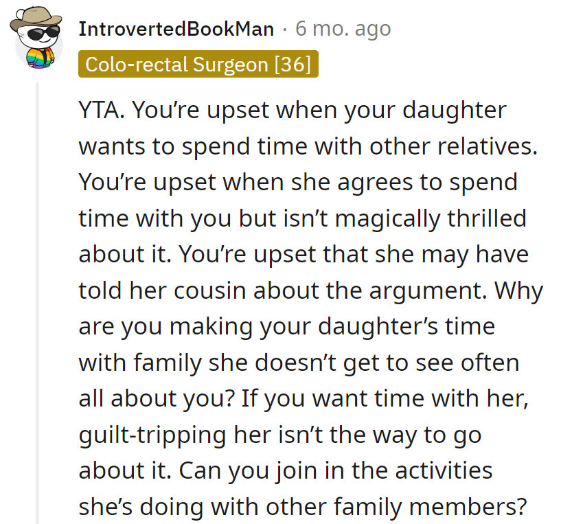 Juggling discontent—whether with relatives or reluctantly with her—time for a plot twist: join the family fun. In this drama, she's the YTA.