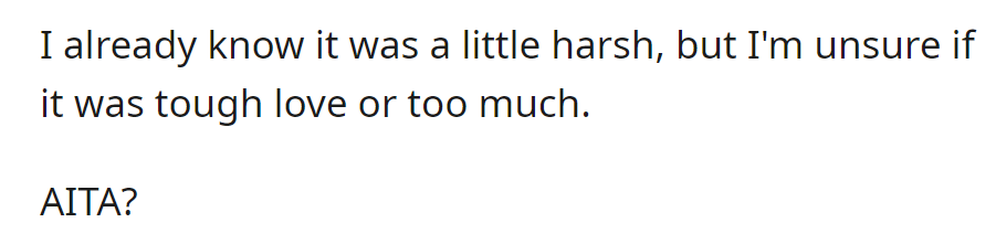 Wondering if their comment was tough love or too harsh, OP seeks input on whether they are at fault.