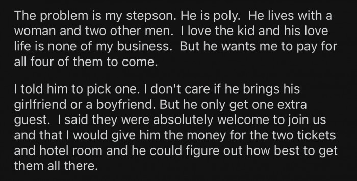 OP's stepson is in a polyamorous relationship and wants all three of his partners to be invited.
