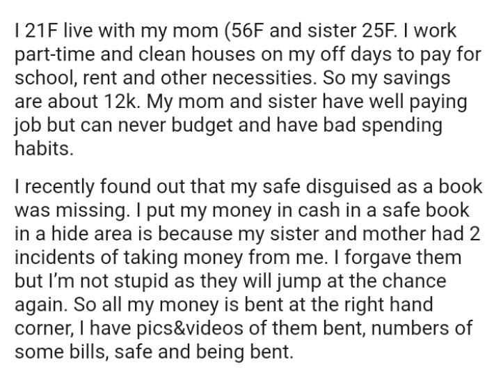 The OP Puts Her Money in Cash in a Safe Book in a Hidden Area and Discovers It Is Missing