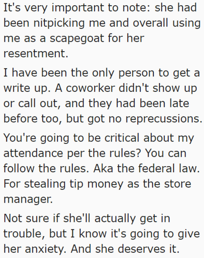 After receiving a write-up for tardiness, the OP decided to report his boss for theft.