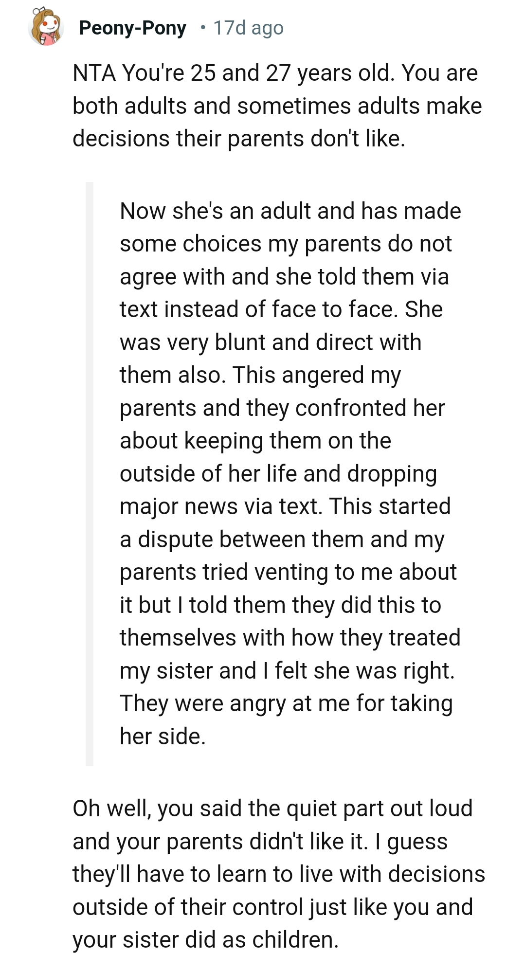 The OP and her sister are both adults