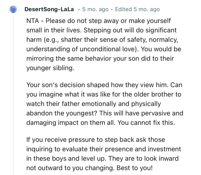 “NTA…Your son's decision shaped how they view him.“