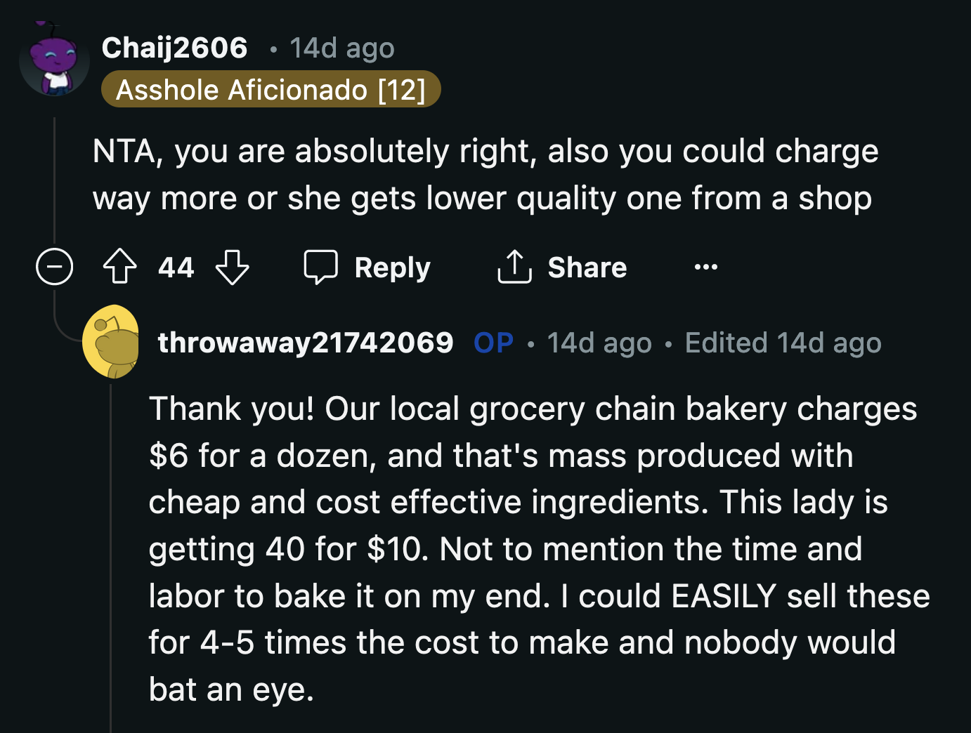 OP should have declined to bake for his coworker when she made a face after he charged her $10 for 40 mini muffins.
