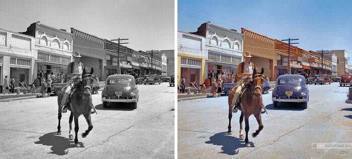 Street view in San Augustine, Texas, 1943. Photographed by John Vachon.
