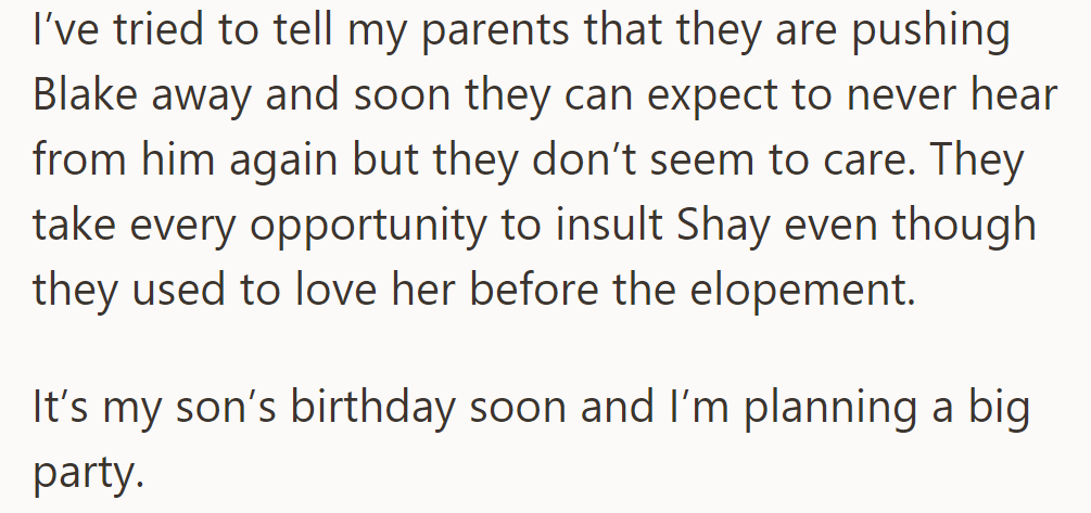 6. Parents alienate Blake over his marriage to Shay despite warnings. Still, she plans a big party for her son's birthday.