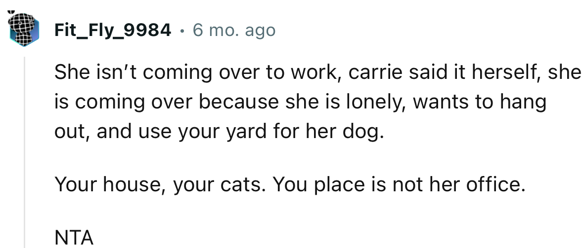 “NTA… She isn’t coming over to work; Carrie said it herself, she is coming over because she is lonely.”