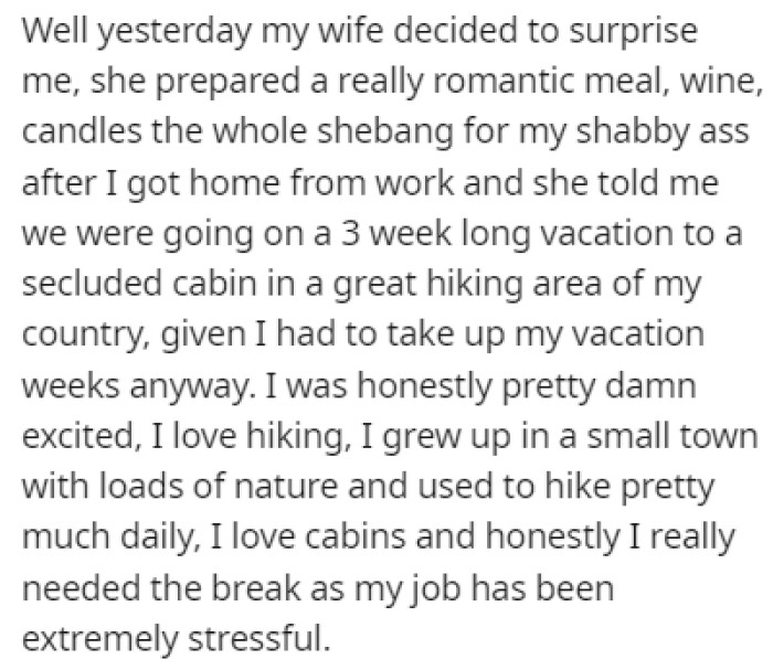 OP's wife decided to surprise him with a three-week-long vacation to a secluded cabin in the woods