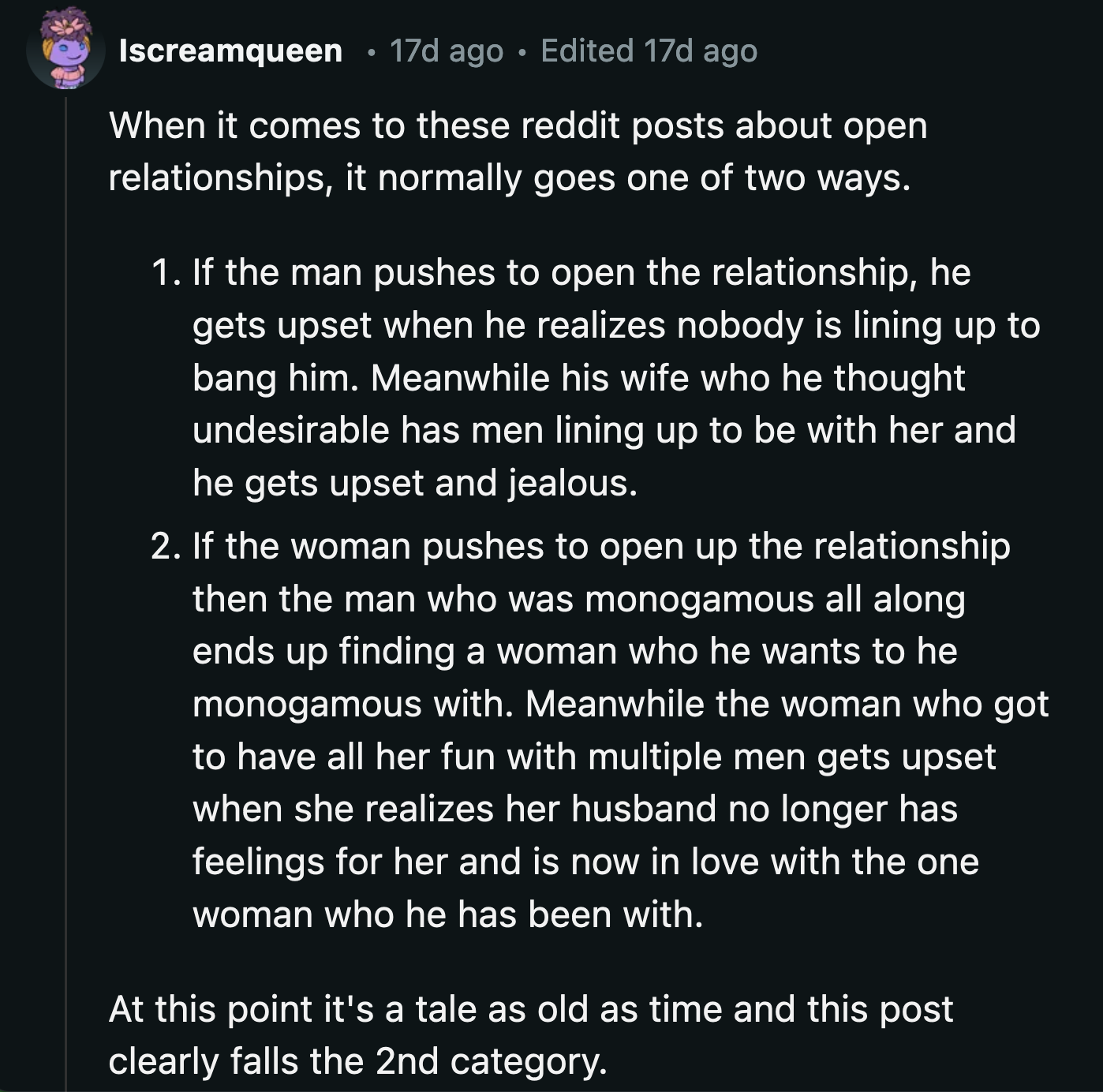 OP's life is not unfolding as uniquely as she thinks. Redditors had her open marriage pegged into a category from a mile away.