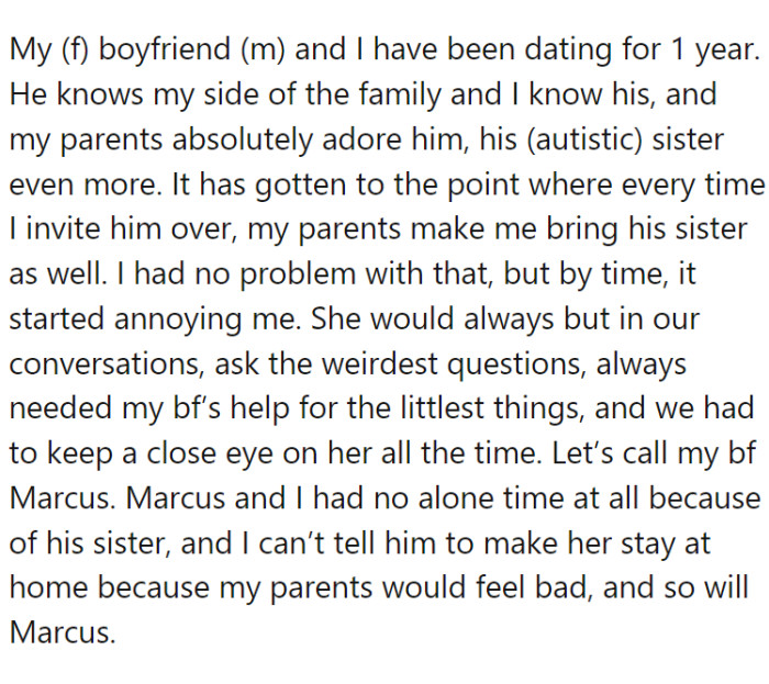 OP and her BF have been together for a year. He has a sister with autism
