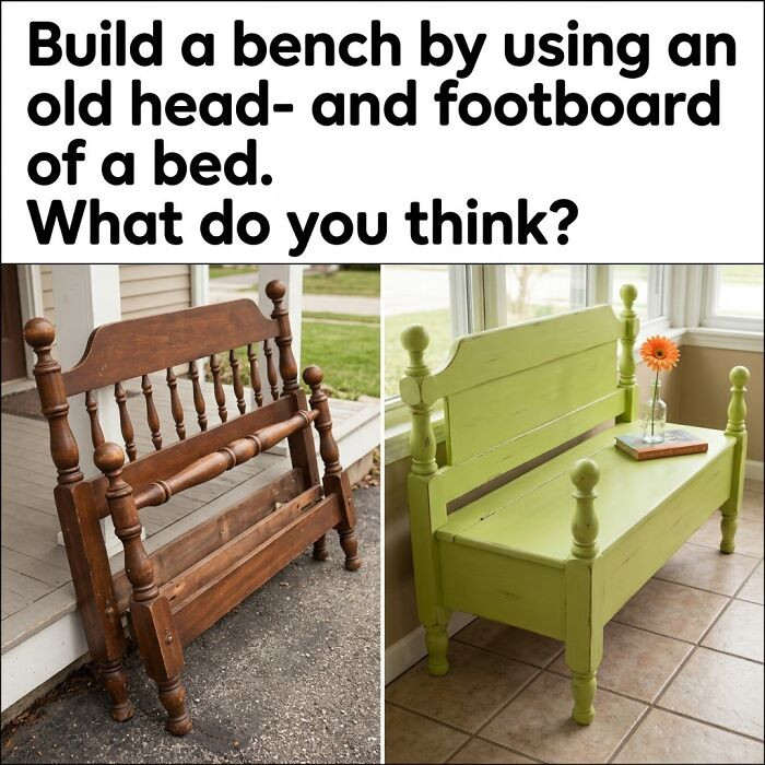 "An Old Wooden Headboard And Footboard Became A Charming Green Entryway Bench — Same Bones, Whole New Life"