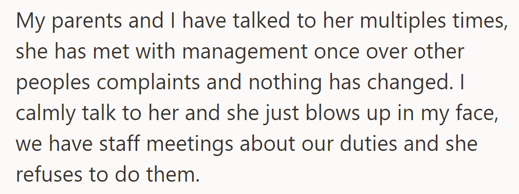 Despite repeated talks and management involvement, her refusal to comply causes ongoing workplace tension.