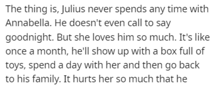 Annabella, Julius' first daughter, lives with OP, and she barely has any contact with him