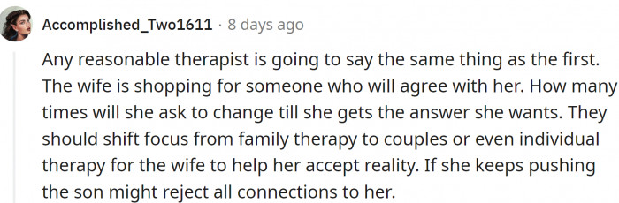 The wife is shopping for a therapist who would agree with her