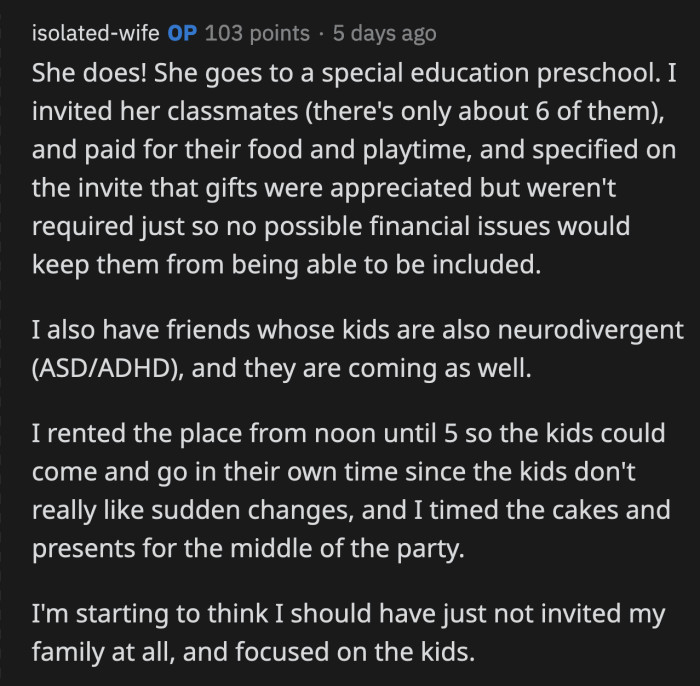 OP already invited her daughter's pre-school classmates and she is quickly rethinking how to change her daughter's party to focus on the children instead of her stressful family