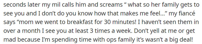 Shortly after, the mother-in-law called, upset that her son spent time with OP's family.