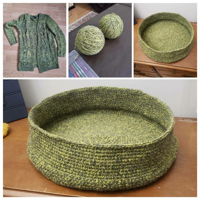 11. They obtained a free cardigan, found it didn't meet their expectations, and turned it into yarn to crochet a cat bed.