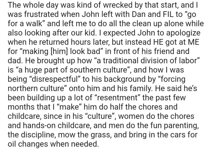 Later on, the couple got into a heated argument when John accused OP of forcing him to do house chores and take care of their child, which was not part of his traditional Southern culture.