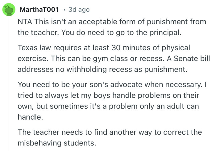 “Texas law requires at least 30 minutes of physical exercise. This can be gym class or recess.”