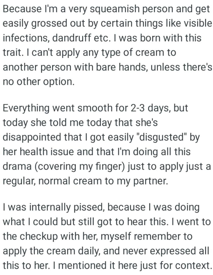 The OP can't apply any type of cream to another person with bare hands, unless there's no other option