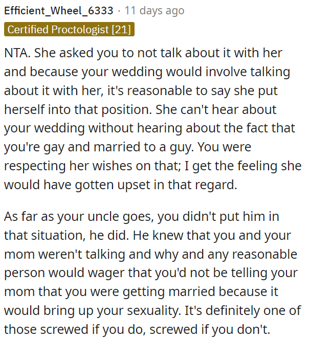 She asked not to discuss it with her, so her attending OP's wedding means she'll inevitably hear about his marriage to a man.