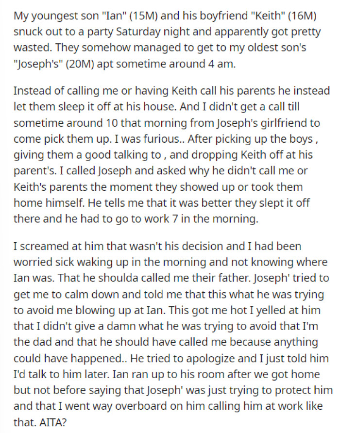 OP goes into some details on what the situation is with his son and his boyfriend, as well as the oldest sibling.