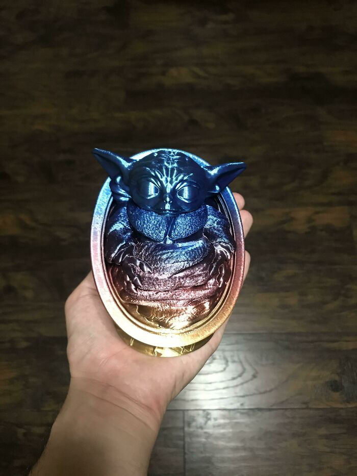 "Got Some New Multi-Colored Filament And Tried It Out On Baby Yoda. This Was My Longest Print Yet, And I’m Pretty Happy With The Turnout"