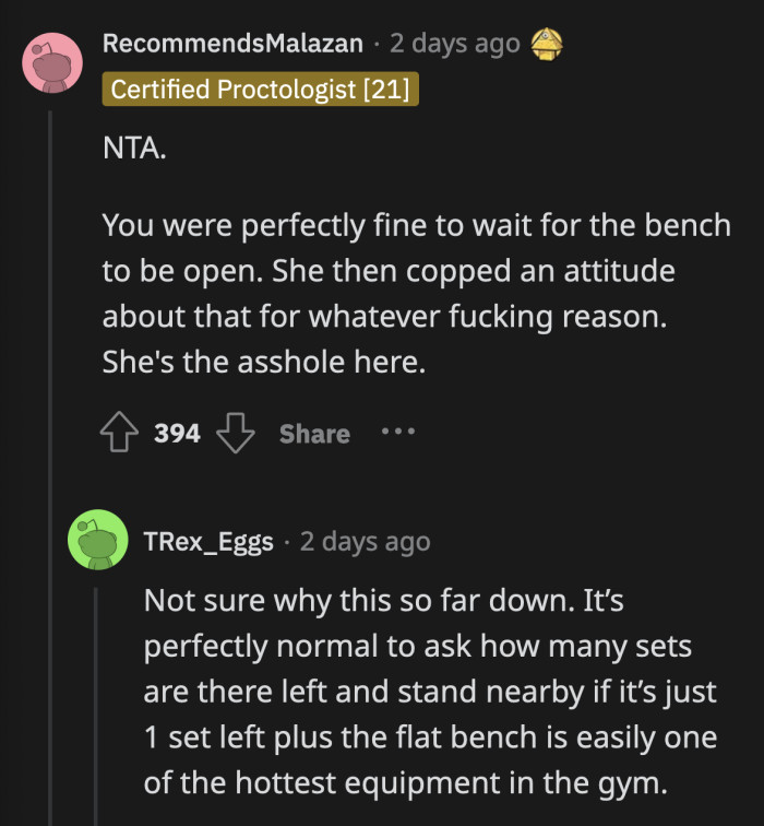 OP said he wasn't bothering her, he was just waiting near the flat bench like others would, since she said that she only had one set left