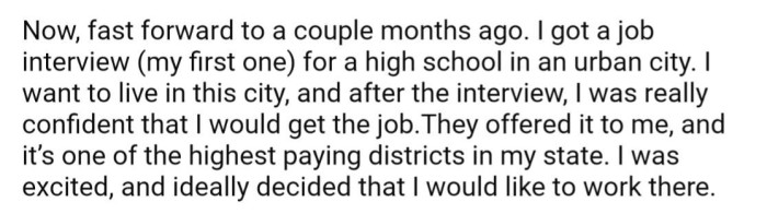 Recently, OP received a high-paying job offer at a high school in a city where she wants to live