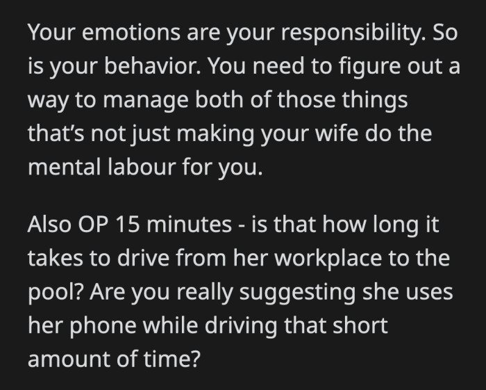 The 15-minute gap where she didn't update him was probably used up by getting out of the parking lot and driving to the pool