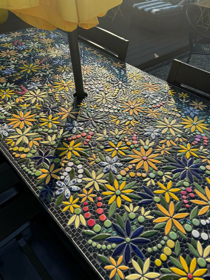 "Our Deck Table Cracked, So I Repurposed The Legs And Made A Custom Tile Mosaic Top"
