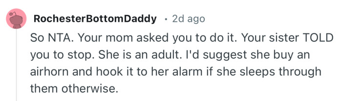 “So NTA. Your mom asked you to do it. Your sister TOLD you to stop. She is an adult.”