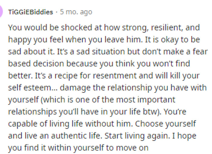 The encouragement in the comments for her to leave him is real because it shows that people are seeing all of the red flags here.