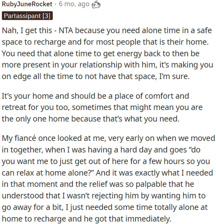 Alone time at home is essential for recharging and maintaining a healthy relationship.