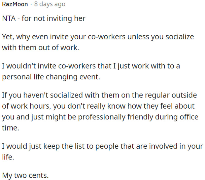 OP shouldn't invite co-workers to her wedding if she only interacts with them at work