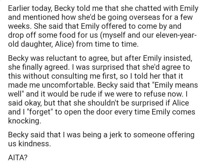 Emily offered to drop off food at their house from time to time, but OP has threatened not to let her into the house