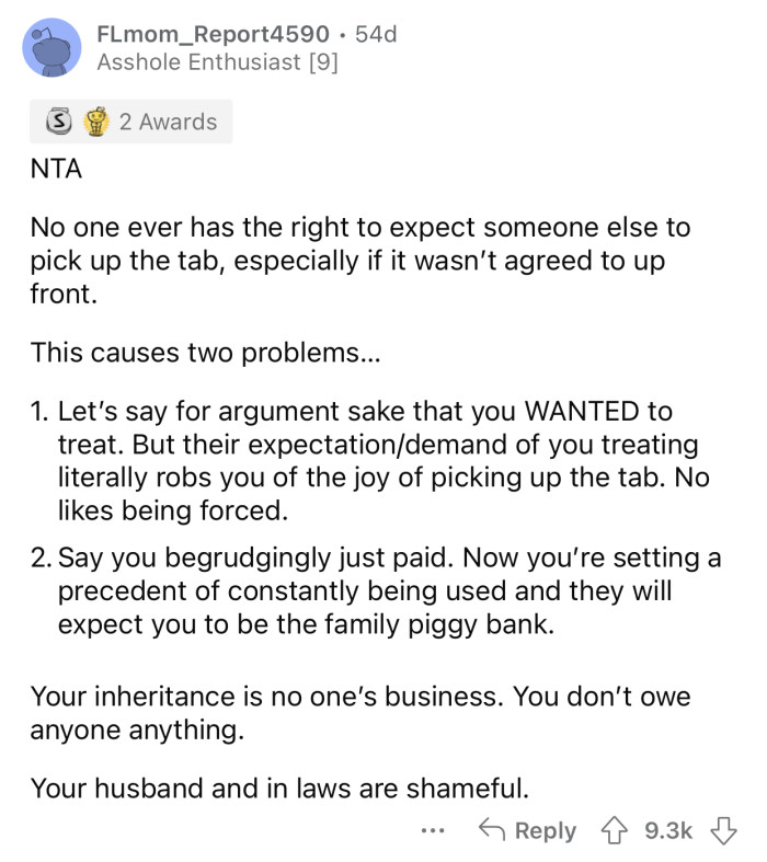 OP doesn't owe anyone anything and should keep the inheritance to herself.