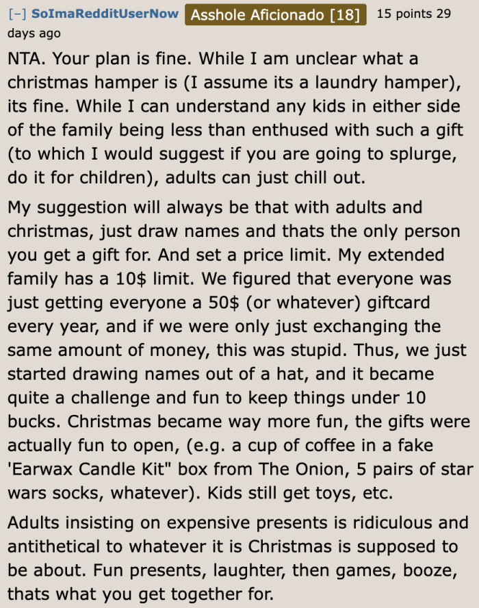 Setting a price limit for the presents is an excellent and healthy boundary that can be implemented among family members.