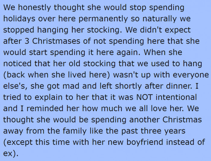 Her daughter got upset after discovering that her stocking wasn't displayed.