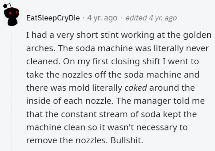 7. No, soda does not just automatically clean the soda machine nozzles