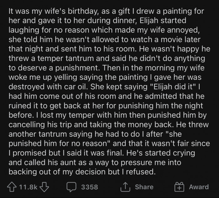 After his son's actions, OP decided to cancel the trip entirely and even asked for a refund.