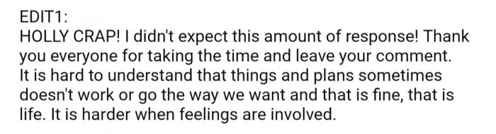 OP ended up editing their post to thank fellow Redditors for their comments and support